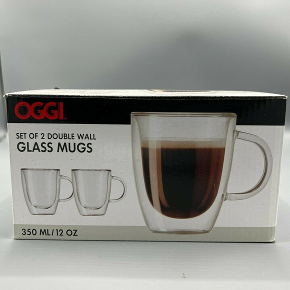 Oggi Set of 2 Double Walled Insulated 12-Ounce Borosilicate Glass Bistro Mugs - Picture 1 of 3